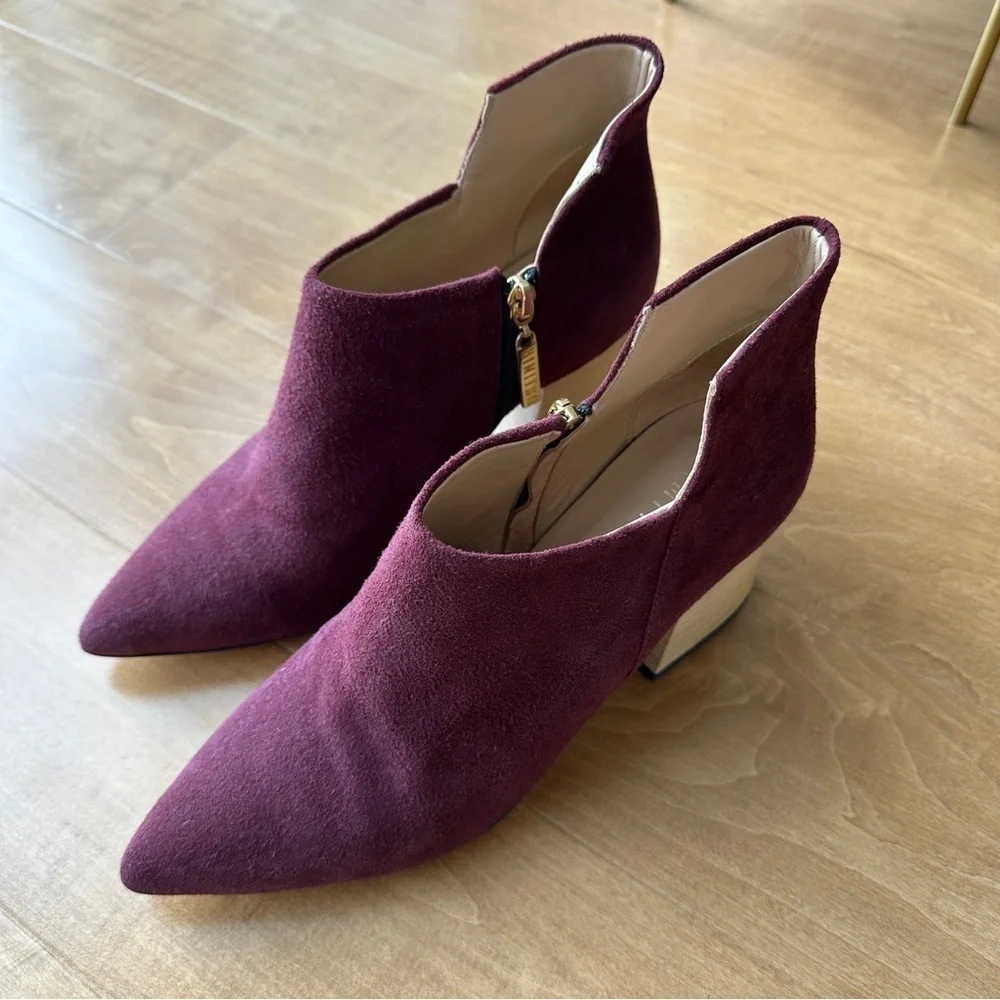 Himitsu Burgundy Suede Pointed Toe Ankle Booties, Size 39